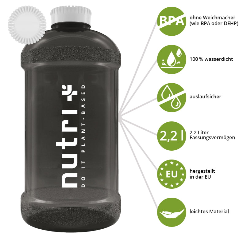 Water Jug 2,2 Liter - XXL Fitness Drink Bottle - Black-smoked